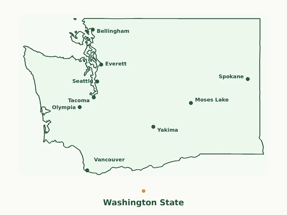 Washington land service map with major cities and regions